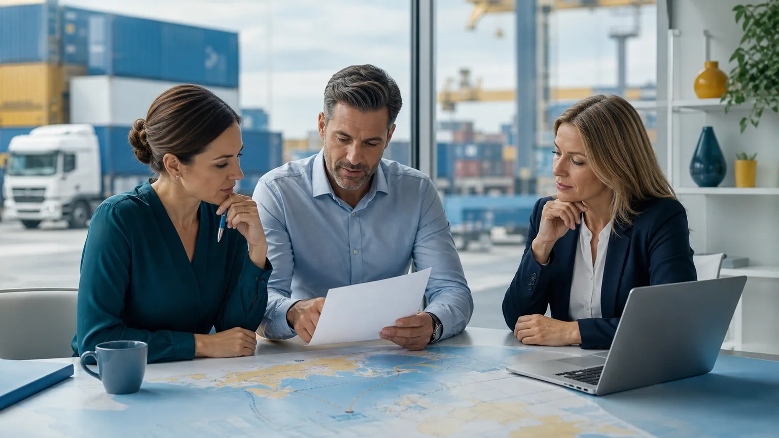 Logistics team reviewing shipment plans beside freight paperwork and a route map