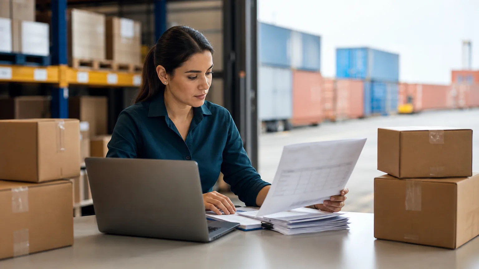 Freight coordinator checking commercial invoice paperwork beside export cartons