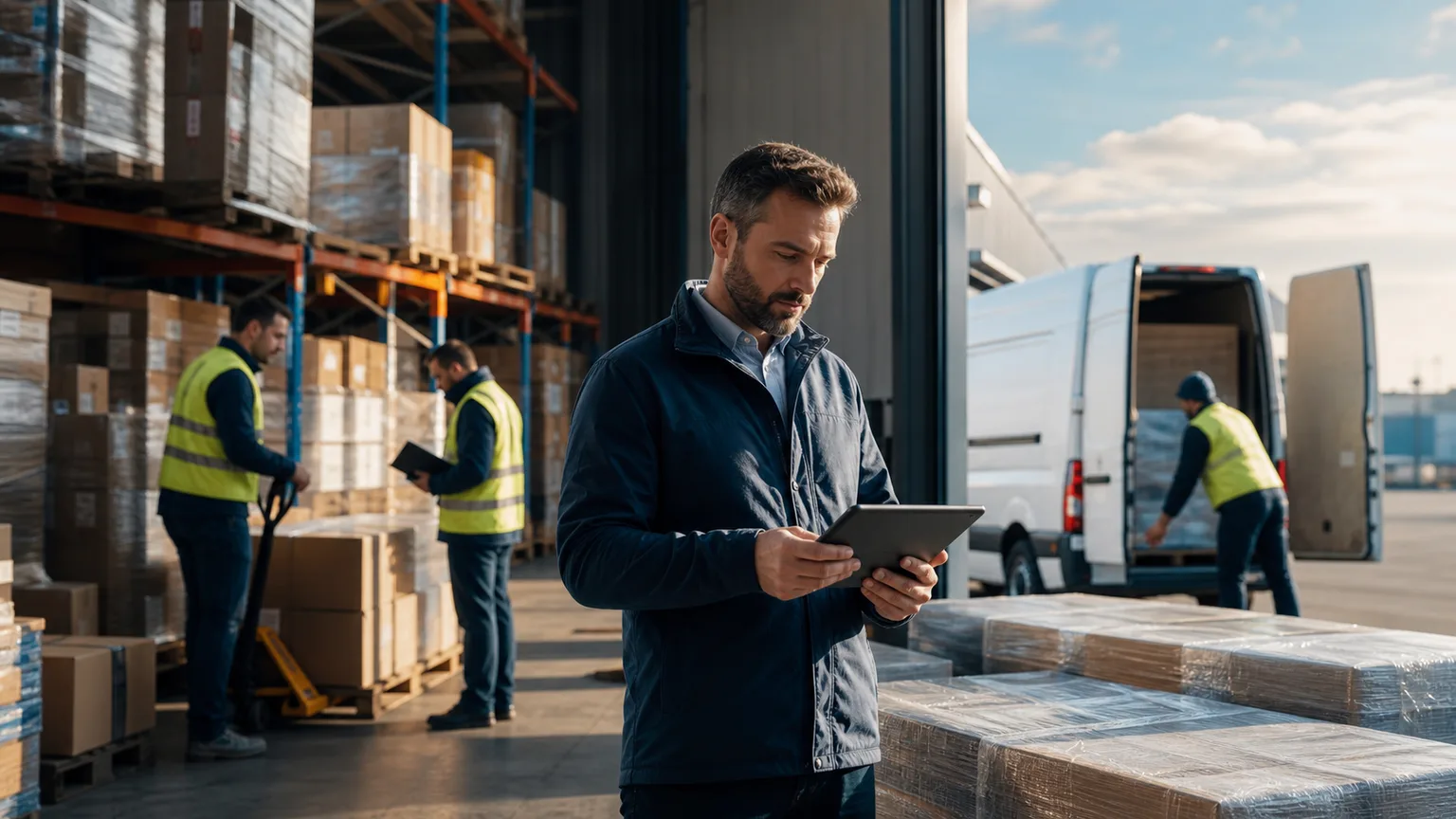 Operations manager reviewing consolidated freight beside organised warehouse pallets