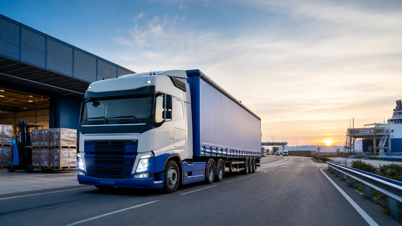 Road freight lorry travelling through a European logistics route at dawn