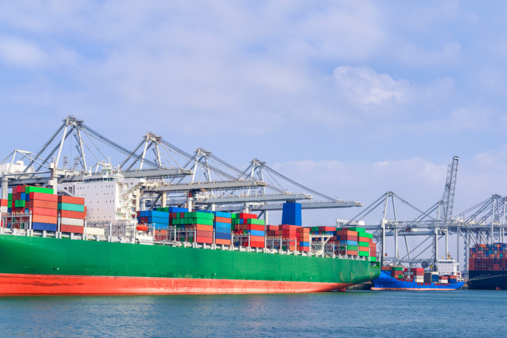 multiple cargo ships with cargo containers on them stationary at a shipping port