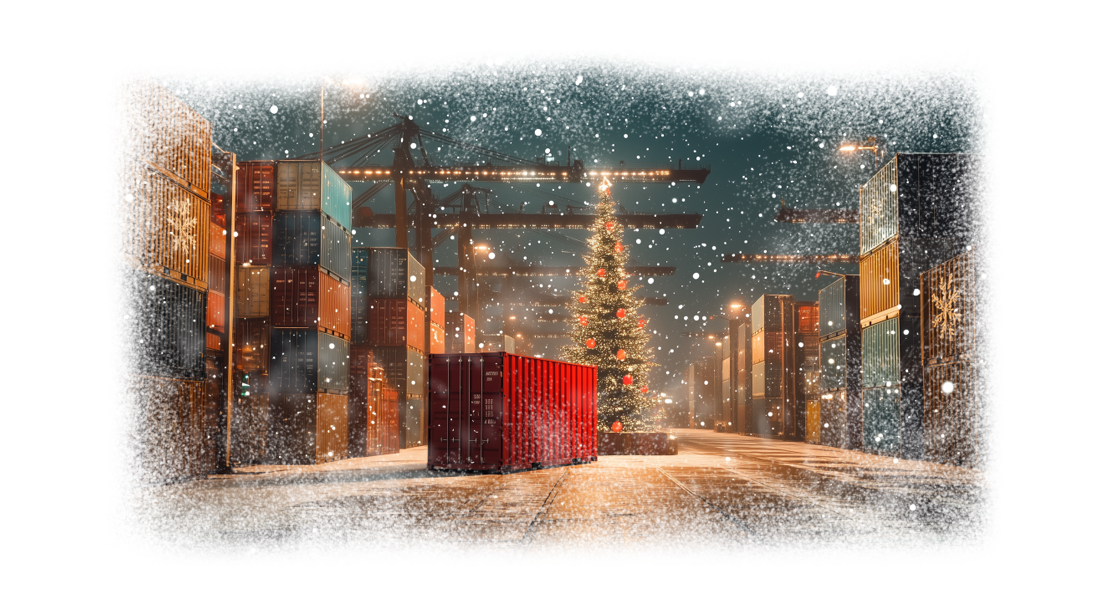 christmas decorted port and containers