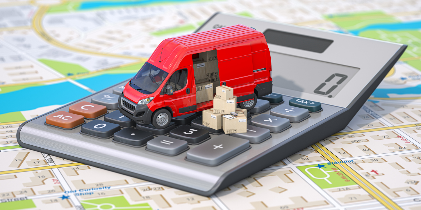 Calculating od delivery shipping and transportation costs, Van with cardboard boxes on calculator. 3d illustration