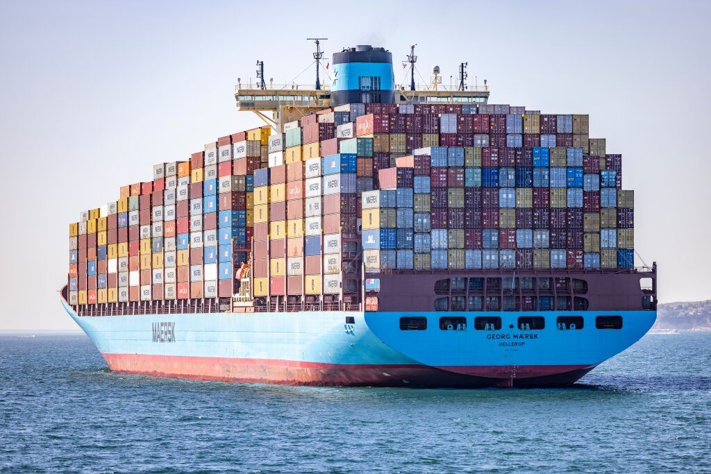 This close up shot, is of a Maersk cargo ship