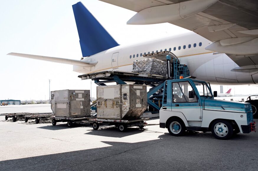 Cargo being loaded into the cargo hold of an aircraft before it is due to take off